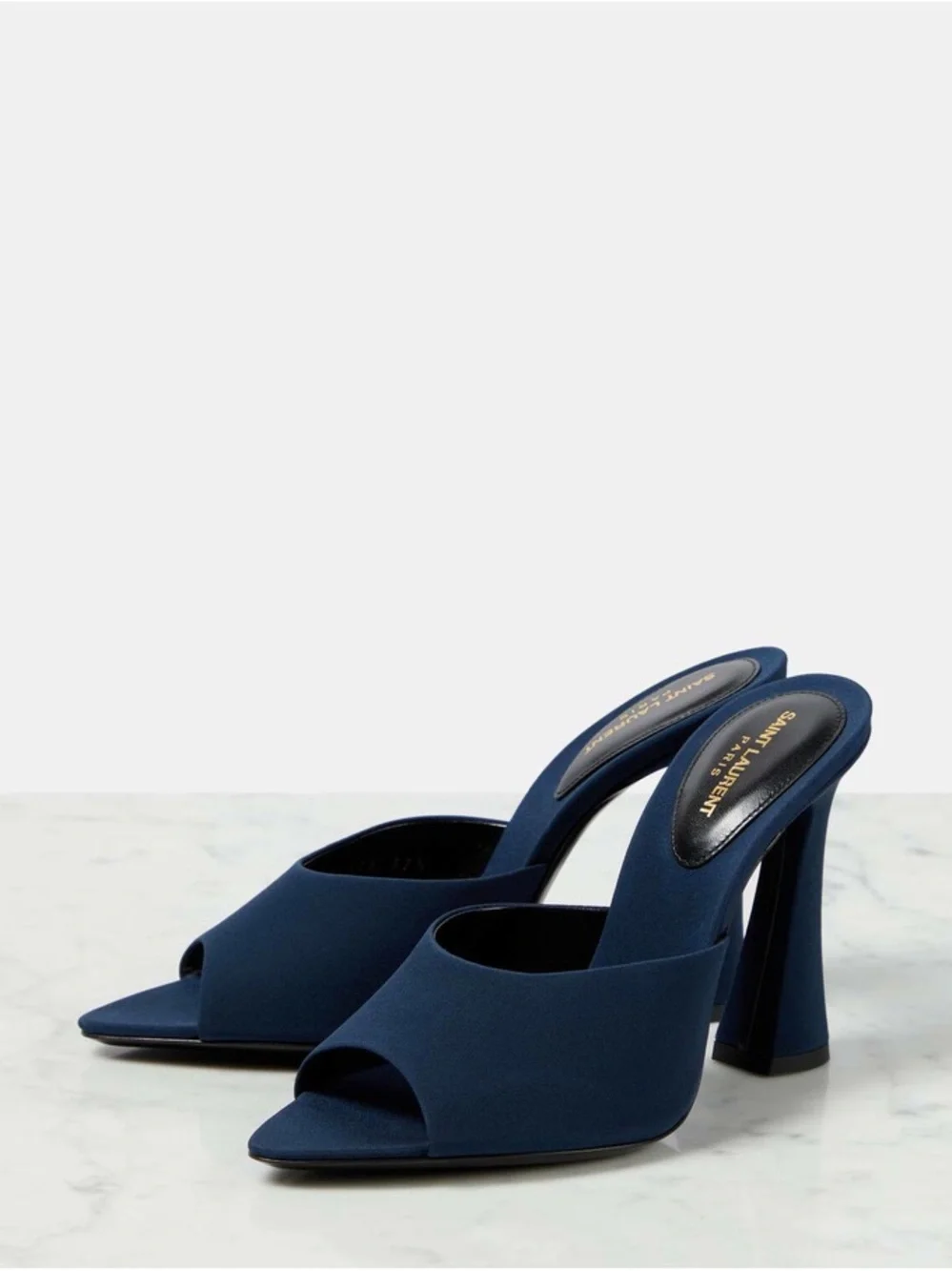 Saint Laurent Navy Open-Toe Mule Heels with Sculpted Heel - Picture 7 of 7